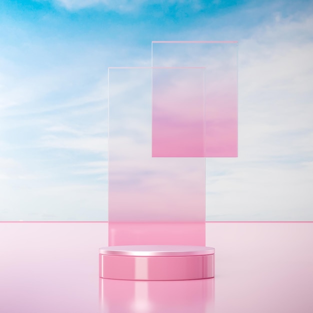 Pink podium stage stand on open blue sky abstract background for product placement 3d render