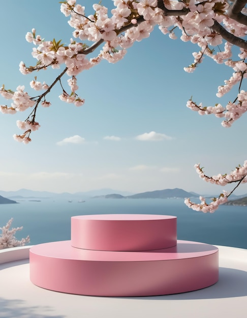 Photo the pink podium with beautiful cherry blossoms is perfect for displaying your products in style