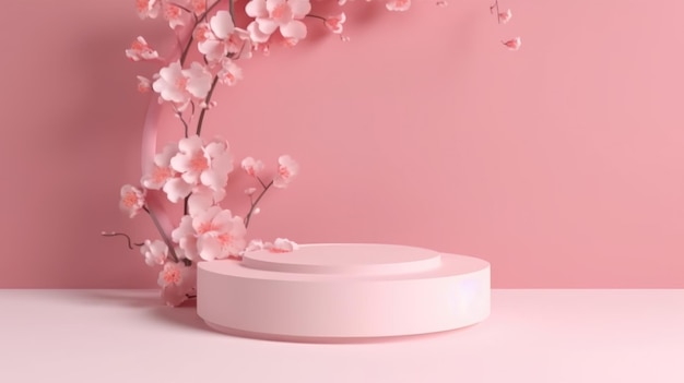 Pink podium with a cherry blossom background