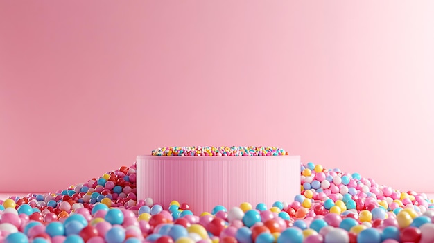 Pink podium with colorful sprinkles on a pink background featuring candy for product placement