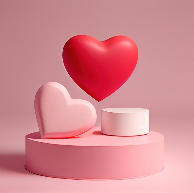 Pink podium with red heart on pastel background to show