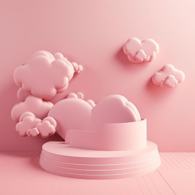 A pink podium with a round podium and a cloud shaped object on it.