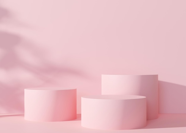 Pink podiums set with leaves shadows on the pink background Elegant podiums for product cosmetic presentation Mock up Pedestal or platform for beauty products Empty scene 3D rendering