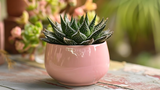 a pink pot with a cactus in it sits on a table