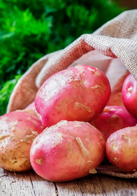 Pink potato in a canvas bag on vintage wooden background selective focus