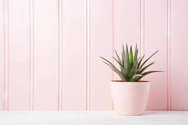 A pink potted aloe vera plant along with cacti and succulent plants sits on a white table against a