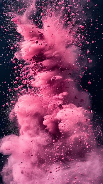 Photo pink powder splash on black background with close up of brush