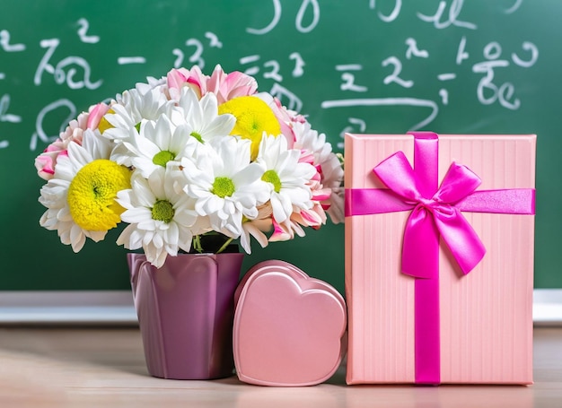 Pink present with flowers bouquet