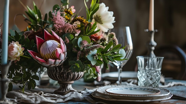 Pink Protea Bouquet in a Stylish Vintage Vase Composition Generative AI