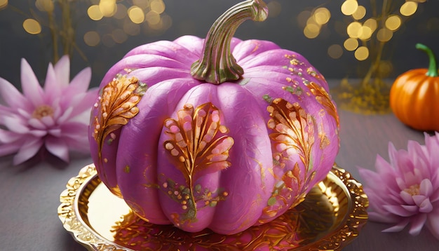 A pink pumpkin with gold leaf accents sits on a golden tray