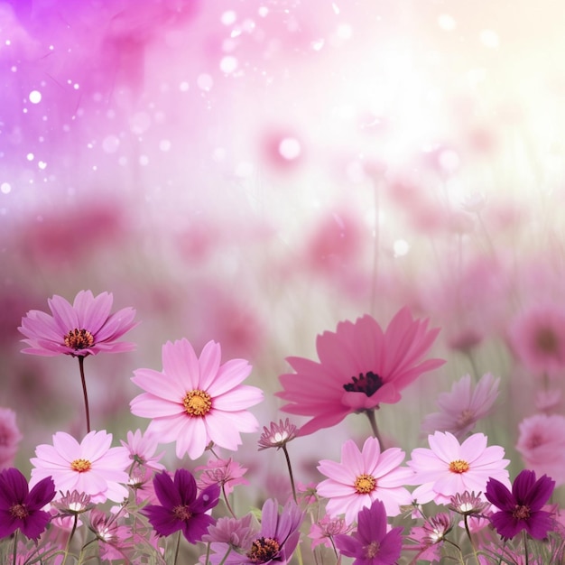 A pink and purple background with a bunch of flowers in the middle