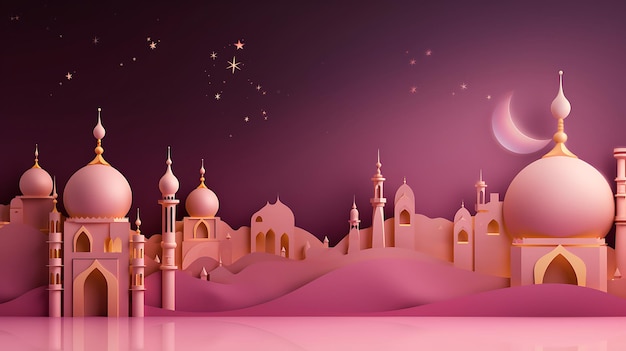 a pink and purple background with a pink and white image of a mosque