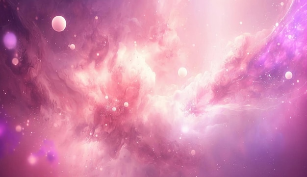 A pink and purple background with a planet and stars