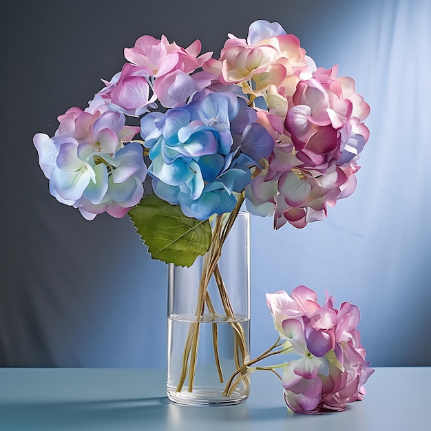 a pink purple and blue bouquet in a glass vase