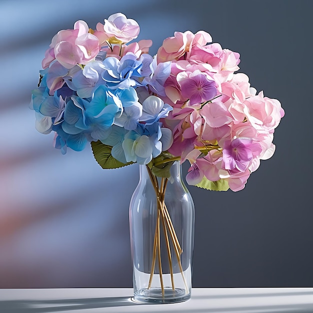 a pink purple and blue bouquet in a glass vase