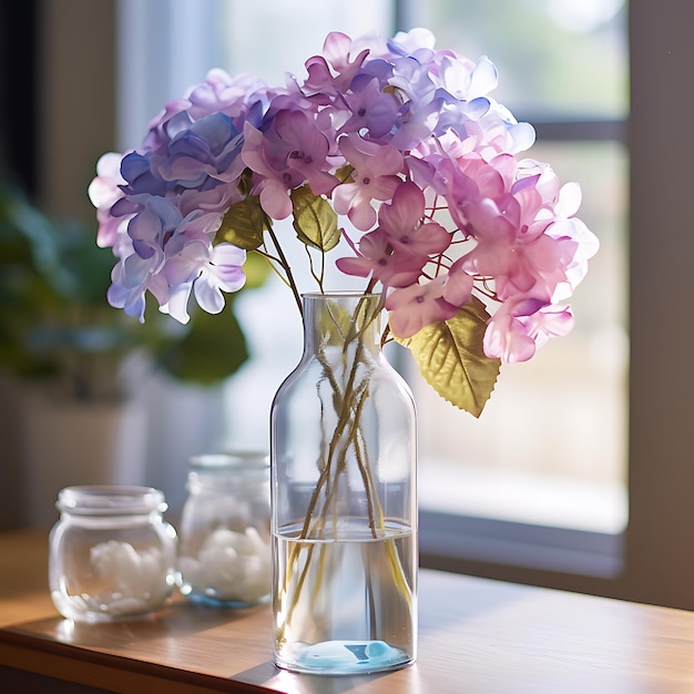 a pink purple and blue bouquet in a glass vase