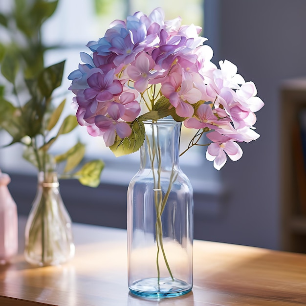 a pink purple and blue bouquet in a glass vase