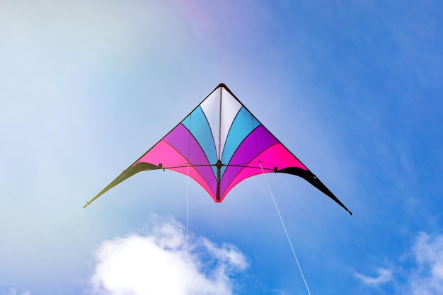 Pink purple and blue kite flying in the sky