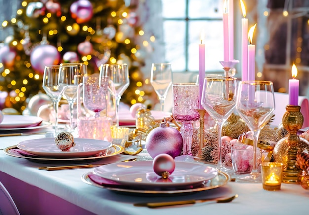 Pink and Purple Christmas Decor with candles and lamps Wedding venue decorations