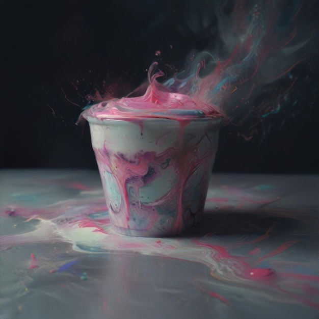 a pink and purple cup with pink liquid in it