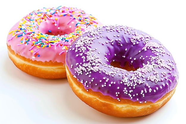 Pink and purple donuts with colorful sprinkle on white backdrop