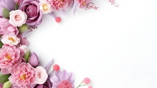 Pink and purple flowers on white background Flat lay top view copy space