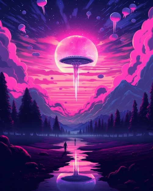 Photo a pink and purple illustration of a spaceship flying over a lake.