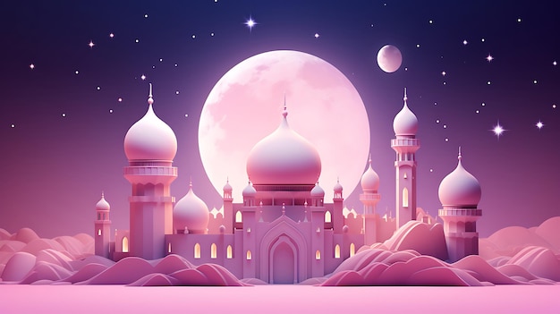 a pink and purple image of a mosque with a pink moon and stars