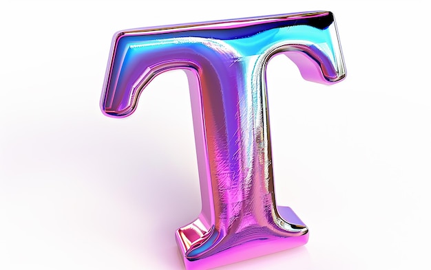 a pink and purple letter t is displayed on a pink silver metal object