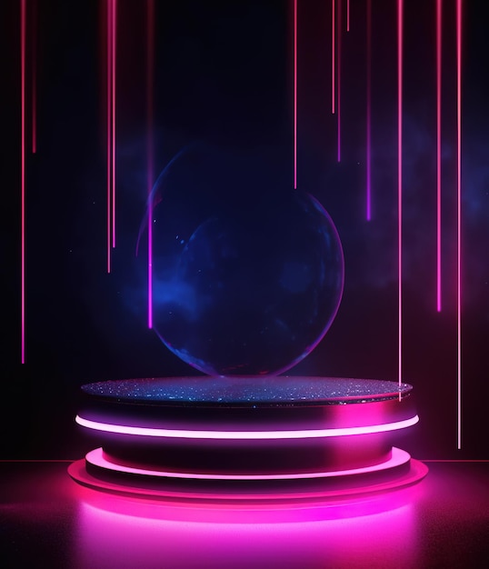 A pink and purple lit up circle with a large ball in the middle.