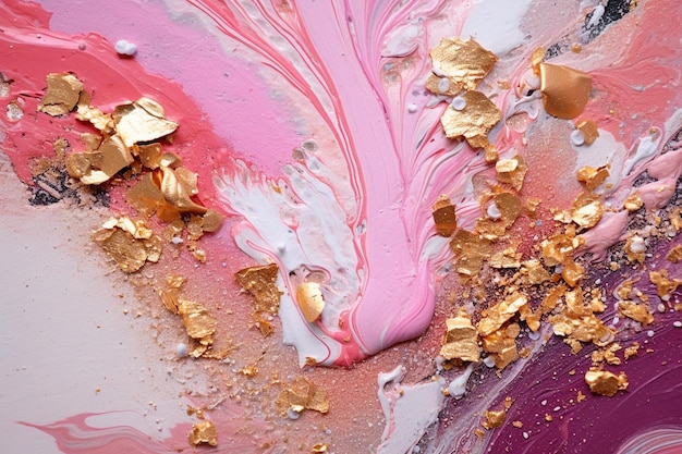 A pink and purple painting with gold paint and gold bars.