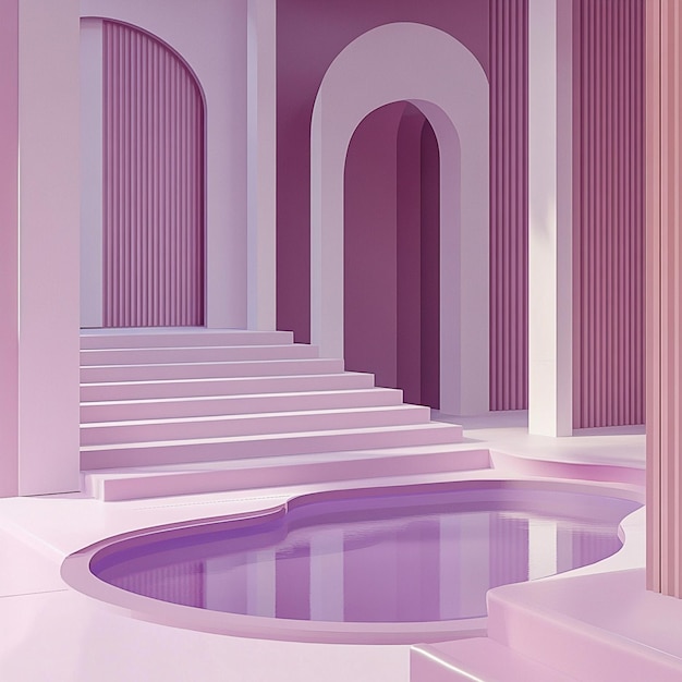 a pink and purple room with a pool