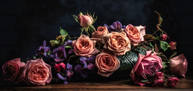 Pink and purple roses on dark wooden background