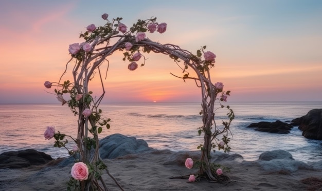 A pink and purple sunset with a pink flower arch on the beach.