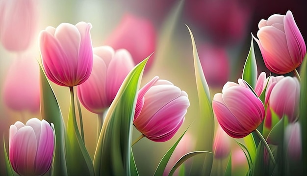 Pink and purple tulips pastel colors backdrop Romantic Mothers Day gift Generative AI