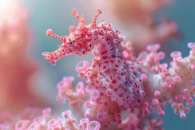 A Pink Pygmy Seahorse Grasping Coral in the Ocean