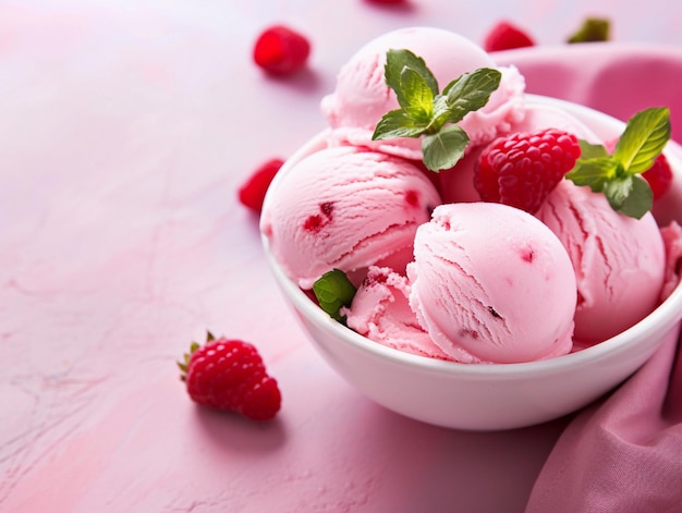 Pink Raspberry Ice Cream in White Bowl