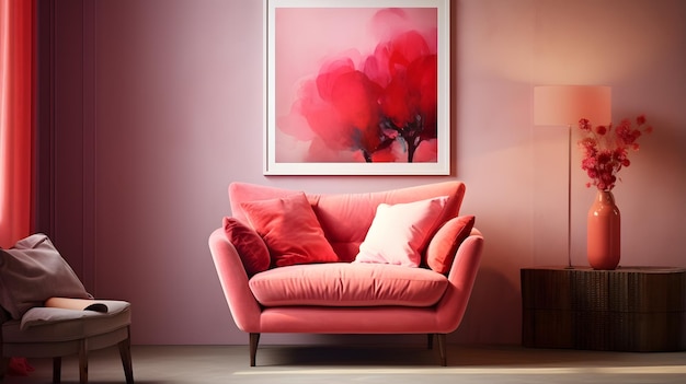 Pink and red armchair in warm living room interior