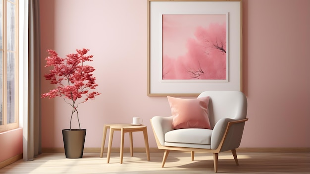 Pink and red armchair in warm living room interior