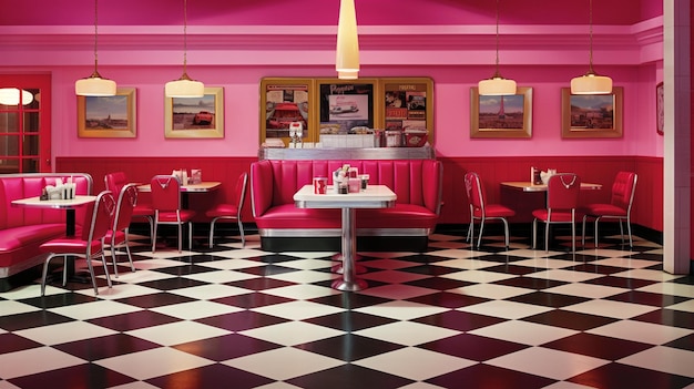 a pink restaurant with a pink wall and tables and chairs