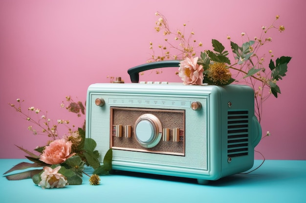 Pink retro receiver surrounded by colorful flowers on a blue background Minimalist generative IA