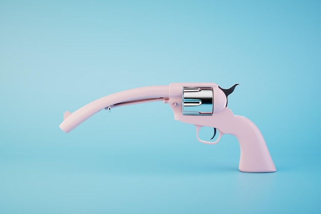 Pink revolver with a bent muzzle on a blue background 3D render