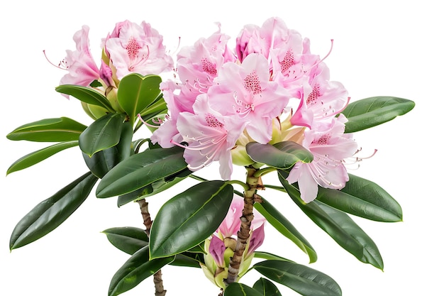 Pink Rhododendron Flower with Green Leaves Isolated on White