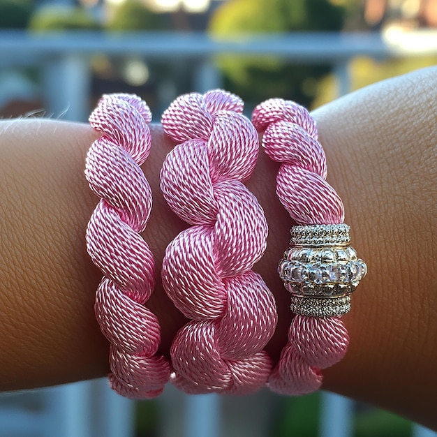 Photo pink ribbon braided bracelet worn on the wrist