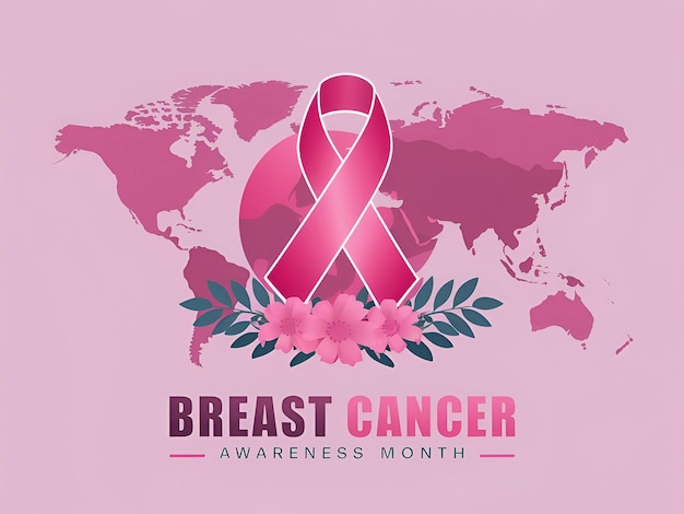 Pink ribbon breast cancer on backdrop of a globe with Text Breast Cancer Awareness Month P3