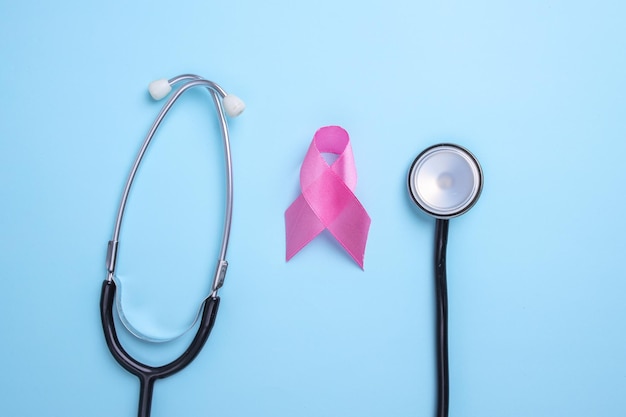 Pink ribbon breast cancer and stethoscope on blue background Breast Cancer Awareness