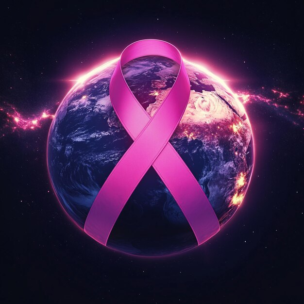 Photo pink ribbon of cancer around planet earth glowing light effects on the pink ribbon and dark backgro