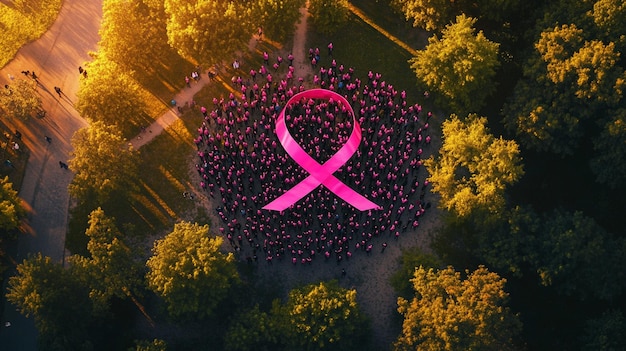 Photo a pink ribbon is held in a circle with the word breast cancer