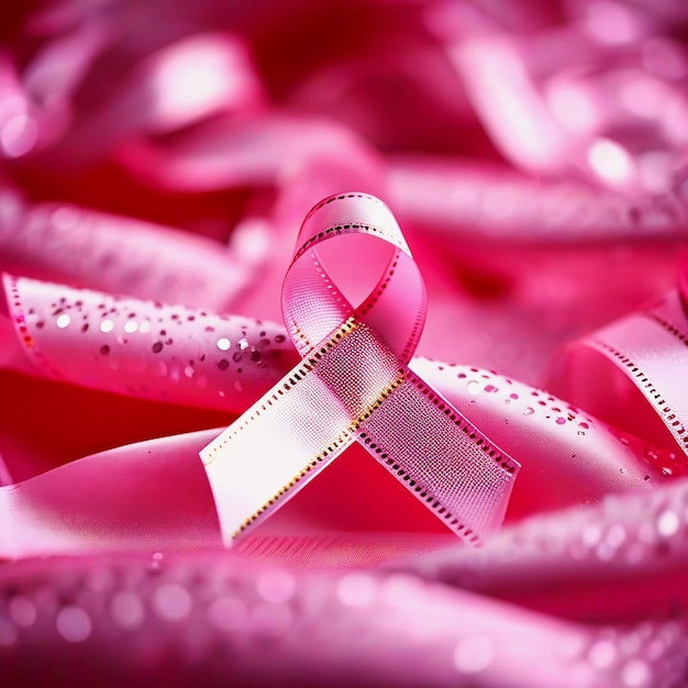 Photo a pink ribbon is prominently displayed on a shimmering pink surface symbolizing hope and awareness during a charity event focused on cancer support generative ai