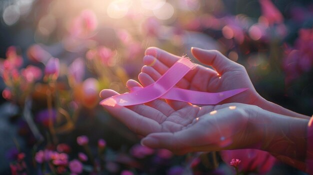 Photo a pink ribbon is tied to a persons hands